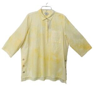 Tru Luxe Jeans Top Women Large Yellow TieDye Button Beach Comfy Linen Blend NWT